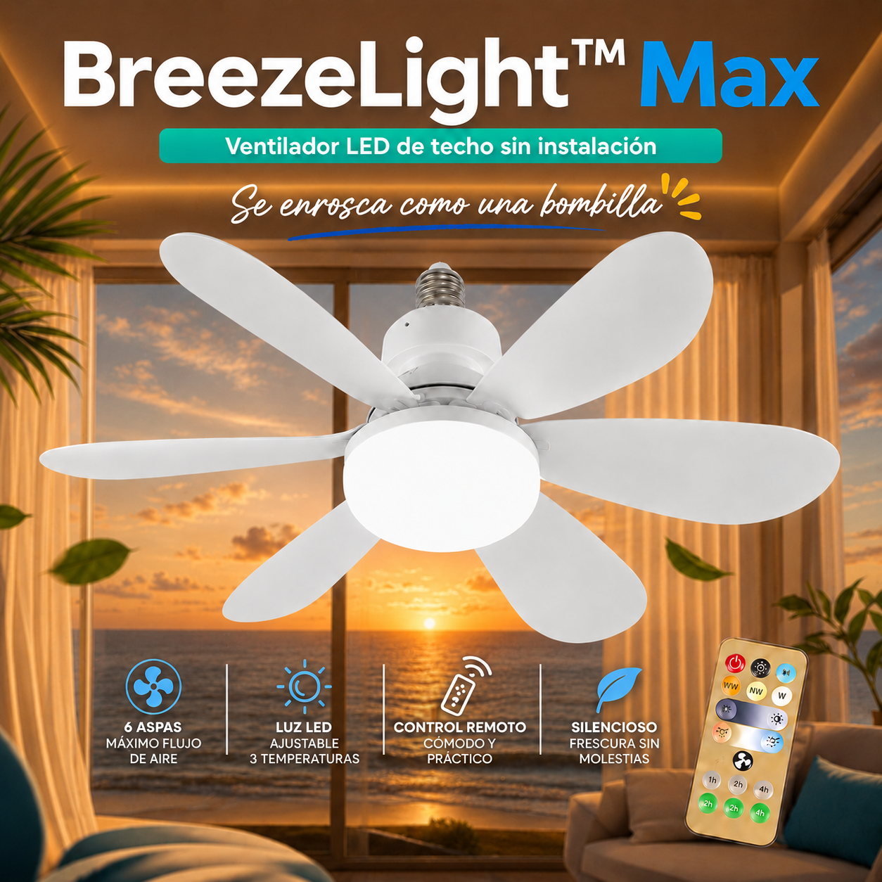 BreezeLight™ Max - Ventilador de techo LED sin instalación