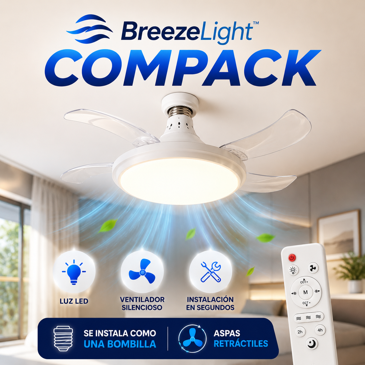 BreezeLight™ Compack - Ventilador de techo con aspas retráctiles y LED, casquillo E27