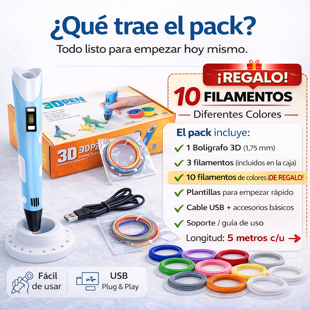 3D PEN™ – Crea Figuras 3D en Minutos + 10 Filamentos Regalo