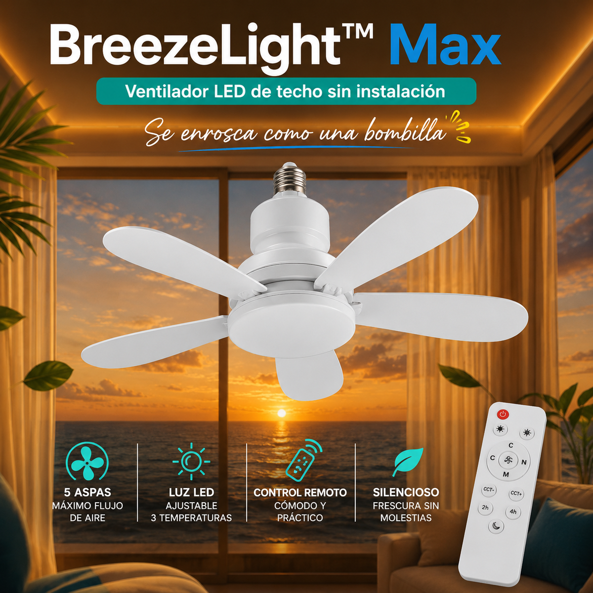 BreezeLight™ Max - Lámpara Ventilador con Aspas -  LED sin Instalación