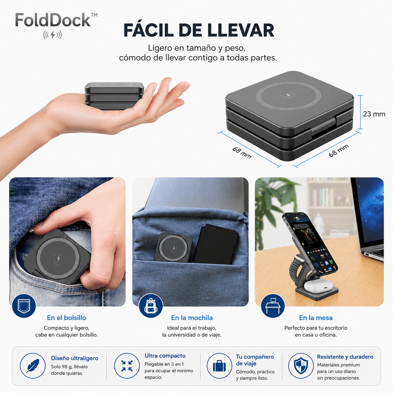 FoldDock™ - 3-in-1 Cargador Plegable